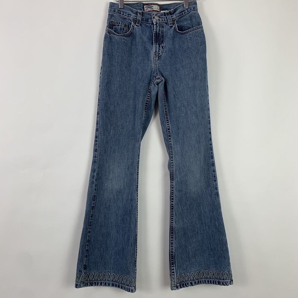 Vintage Y2K Old Navy Womens 2 Embroidered Flare Leg Blue Jeans 30" Inseam